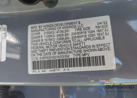 2022 Honda Cr-V Awd Ex из США, поврежденный, VIN 5J6RW2H52NA009392